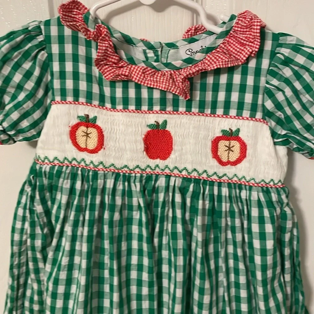 Green Gingham Apple Embroidered Short-Sleeve Dress for Girls